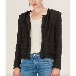 IRO black fringe Aidan boucle cotton collarless classic blazer jacket